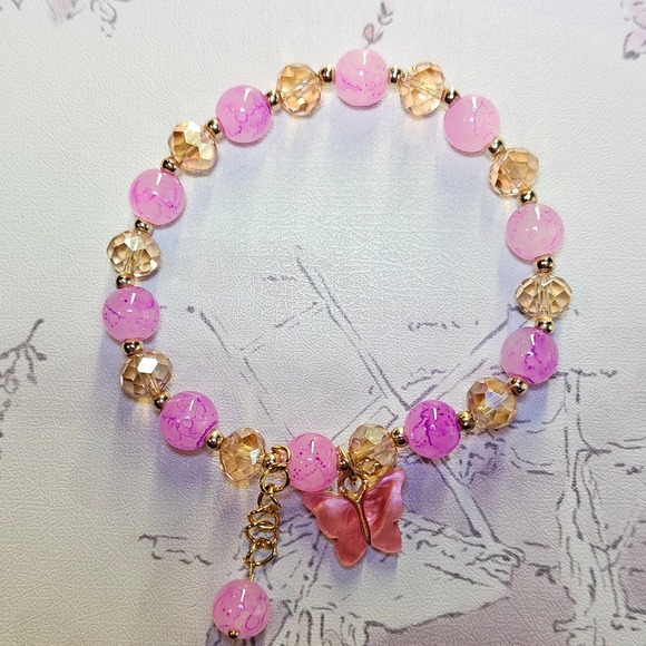 Jewelry - Pink Purple Beaded Butterfly Charm Bracelet Stretchy Women's Jewelry